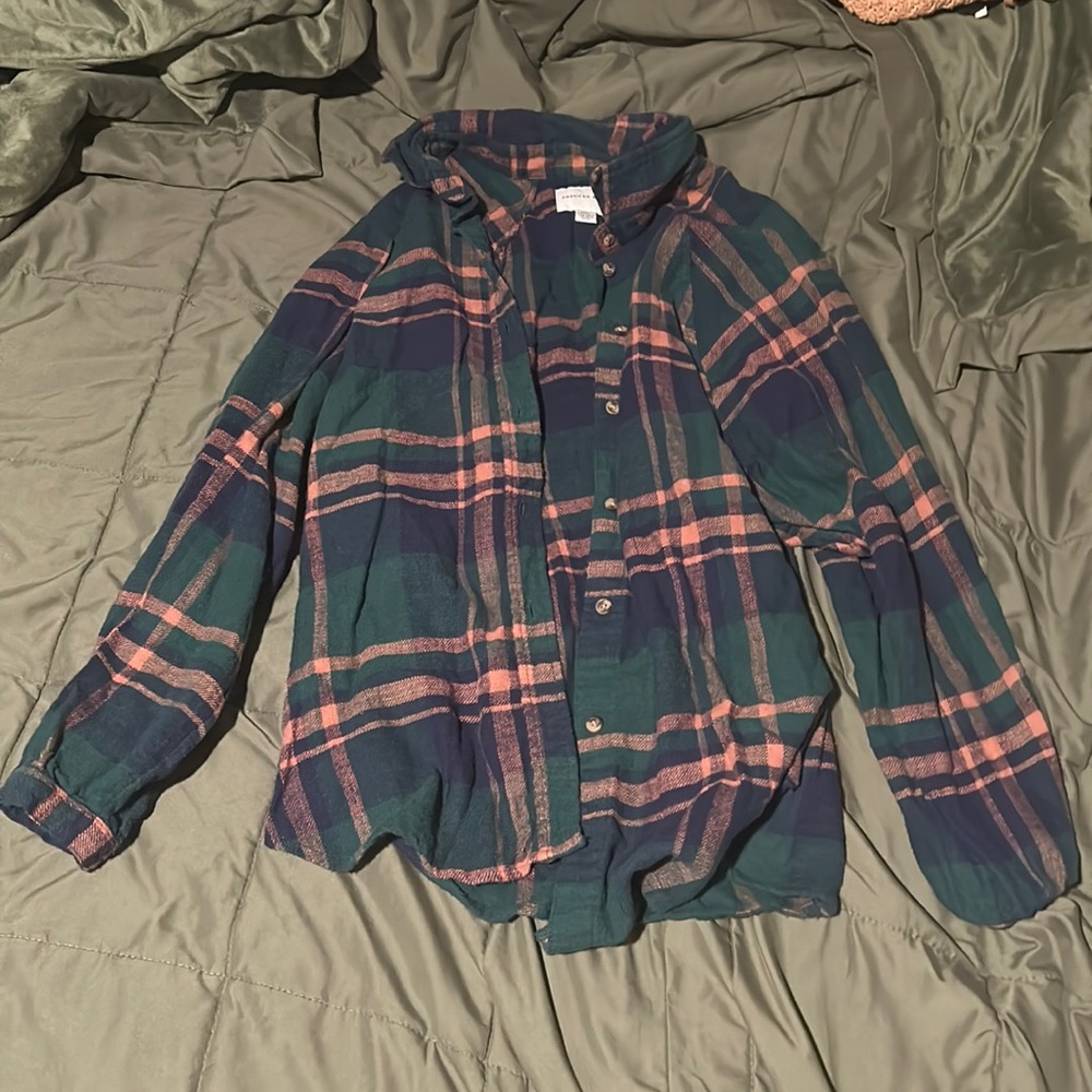 Blush, Green, and Navy Blue Plaid American Eagle Flannel